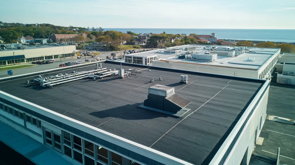 A commercial roof on a factory in a location similar to Newport, Rhode Island with an architectural photography aesthetic (AI image)