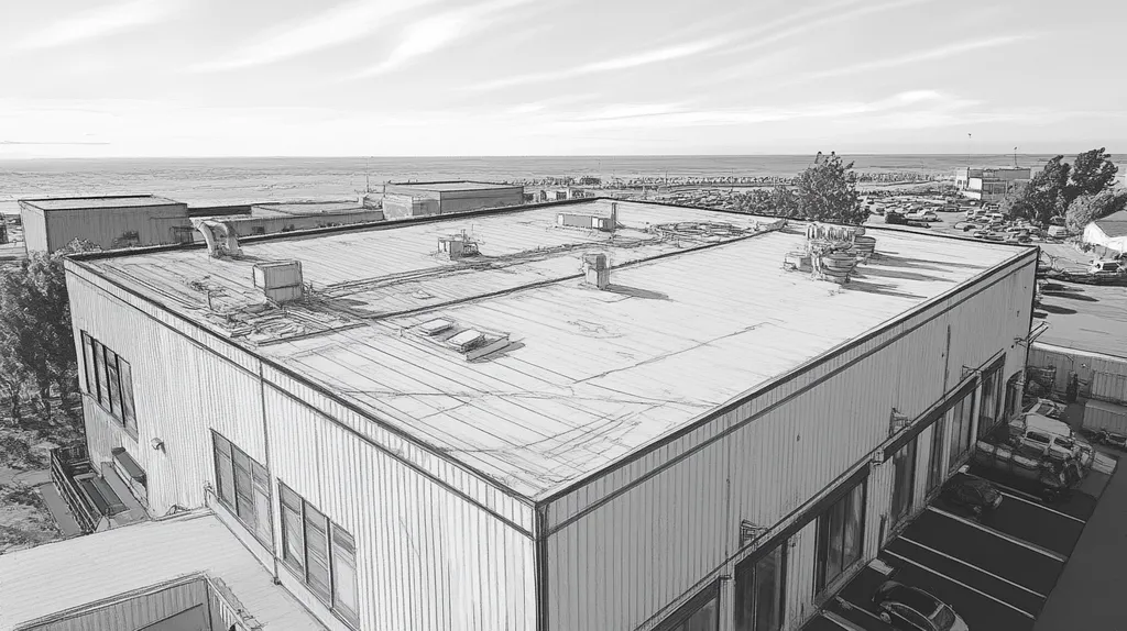 A commercial roof on a factory in a location similar to Newport, Rhode Island with a charcoal sketch aesthetic (AI image)