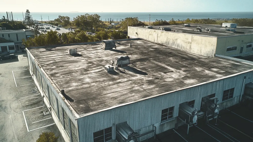 A commercial roof on a factory in a location similar to Newport, Rhode Island with a charcoal sketch aesthetic (AI image)