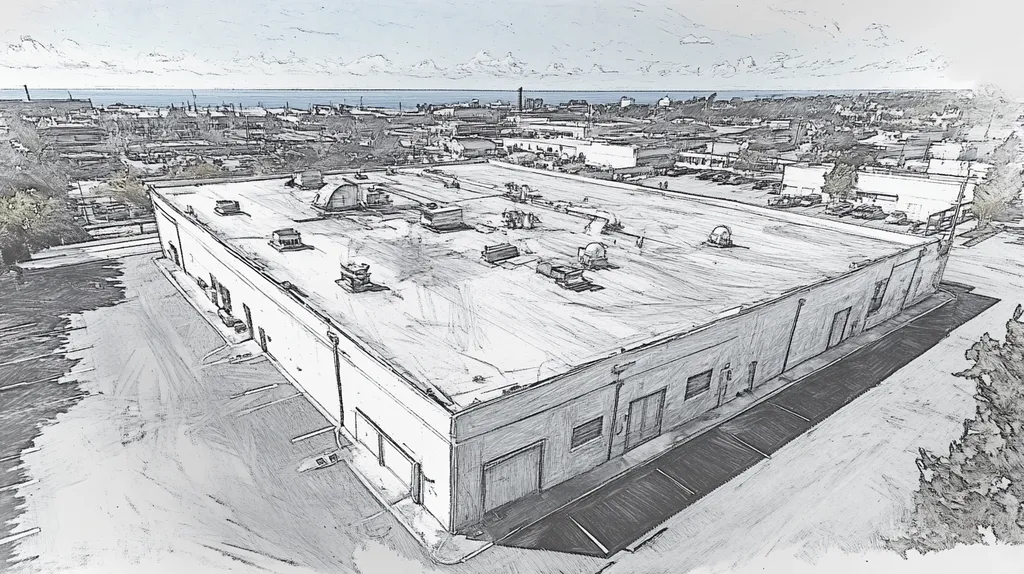 A commercial roof on a factory in a location similar to Newport, Rhode Island with a charcoal sketch aesthetic (AI image)