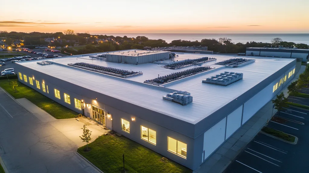 A commercial roof on a factory in a location similar to Newport, Rhode Island with an illuminated nightscape aesthetic (AI image)
