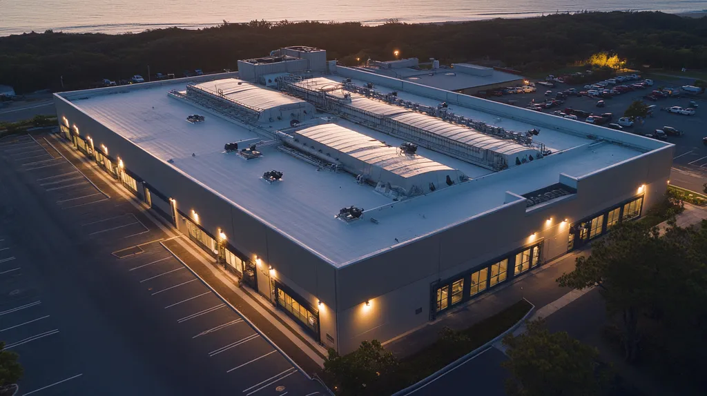A commercial roof on a factory in a location similar to Newport, Rhode Island, with an illuminated nightscape aesthetic (AI image)