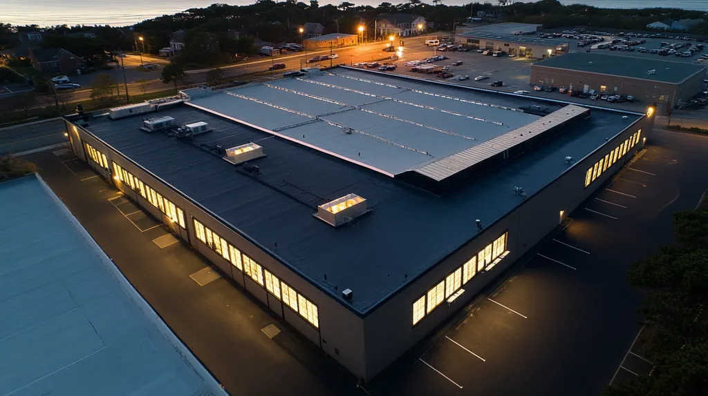 A commercial roof on a factory in a location similar to Newport, Rhode Island with an illuminated nightscape aesthetic (AI image)