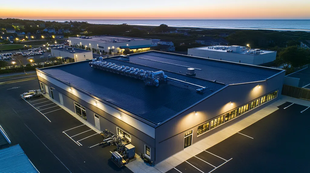 A commercial roof on a factory in a location similar to Newport, Rhode Island with an illuminated nightscape aesthetic (AI image)