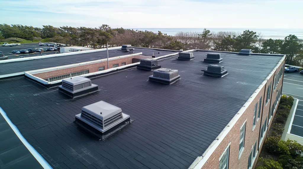 A commercial roof on a factory in a location similar to Newport, Rhode Island with a rainy day aesthetic (AI image)