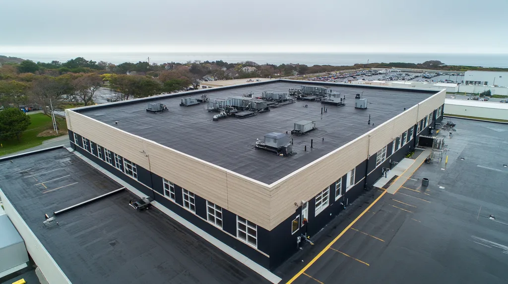A commercial roof on a factory in a location similar to Newport, Rhode Island with a rainy day aesthetic (AI image)