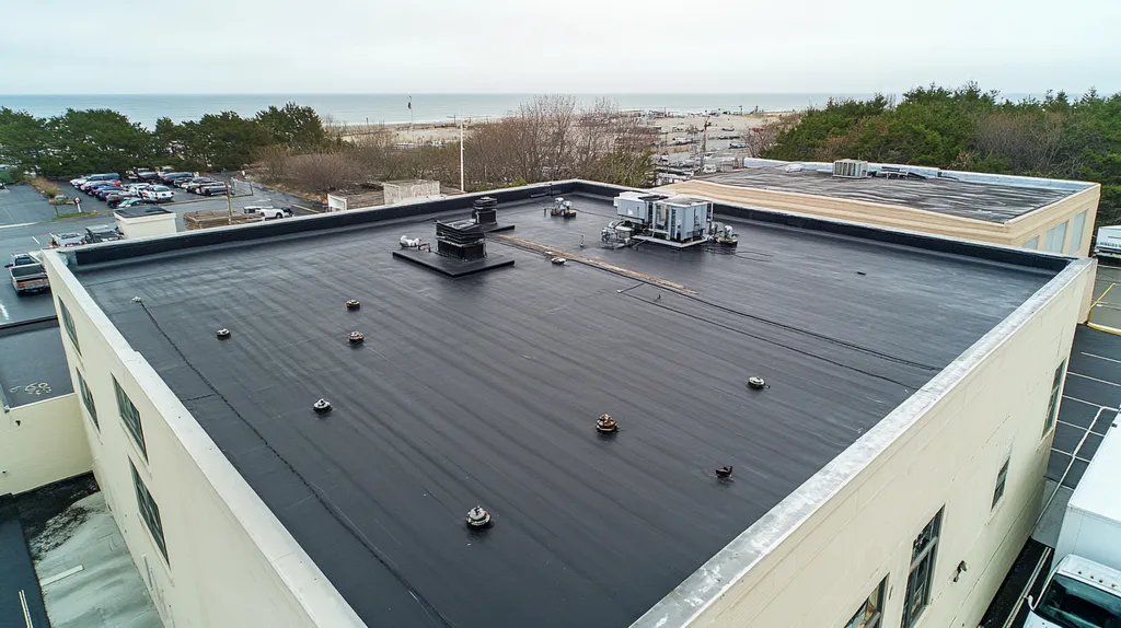 A commercial roof on a factory in a location similar to Newport, Rhode Island with a rainy day aesthetic (AI image)