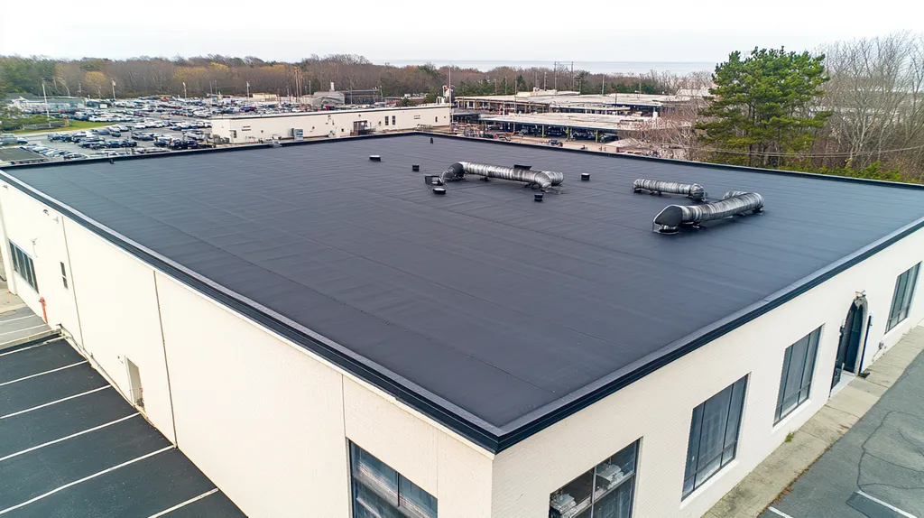 A commercial roof on a factory in a location similar to Newport, Rhode Island with a rainy day aesthetic (AI image)