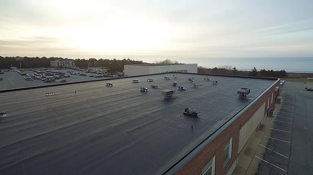 A commercial roof on a factory in a location similar to Newport, Rhode Island with a rainy day aesthetic (AI image)