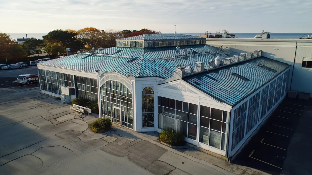 A commercial roof on a factory in a location similar to Newport, Rhode Island with a stained glass style aesthetic (AI image)