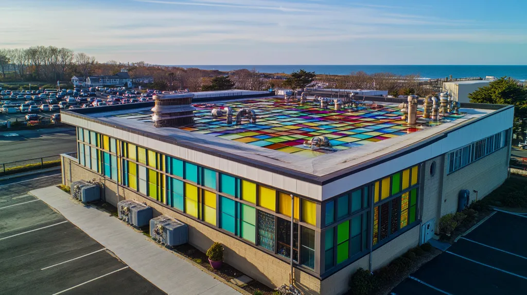 A commercial roof on a factory in a location similar to Newport, Rhode Island with a stained glass style aesthetic (AI image)