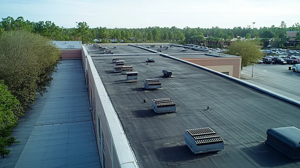 A commercial roof on a factory in a location similar to Orlando with a color highlight aesthetic (AI image)