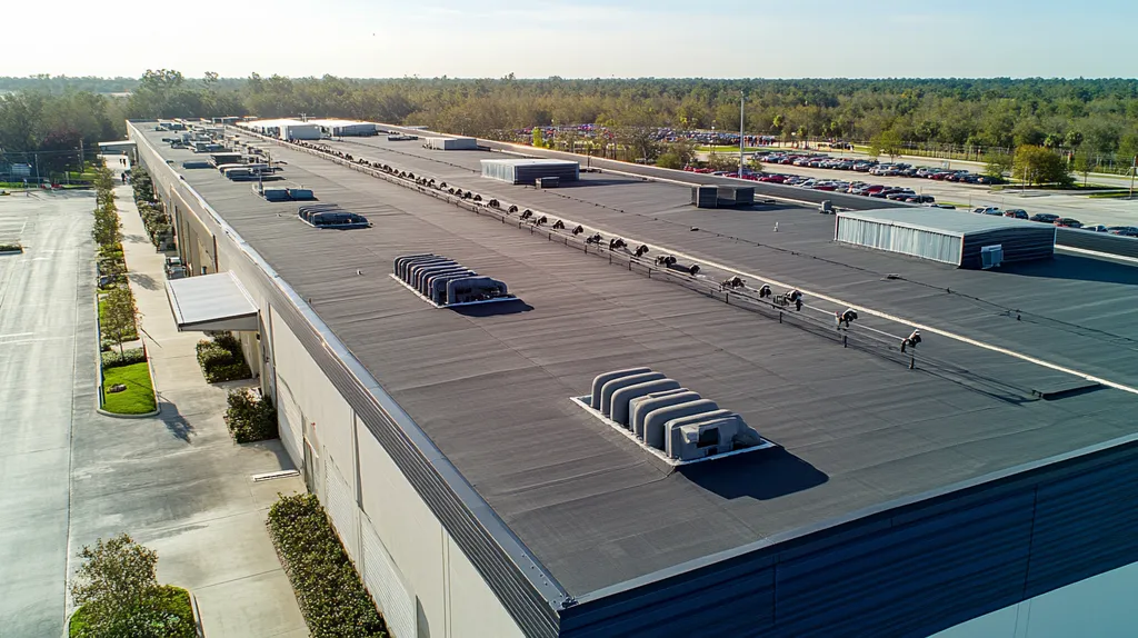 A commercial roof on a factory in a location similar to Orlando with a color highlight aesthetic (AI image)