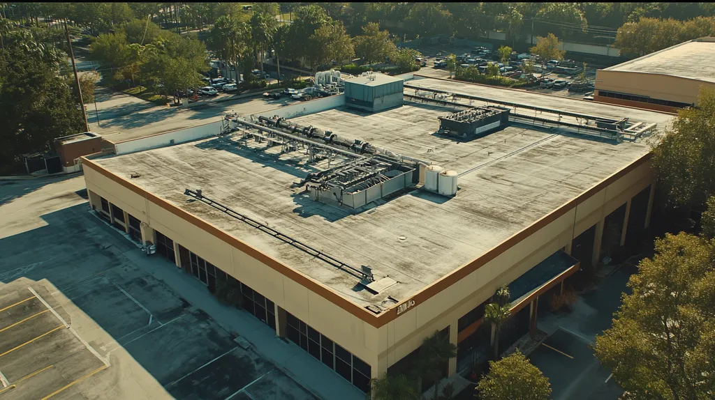 A commercial roof on a factory in a location similar to Orlando with a color highlight aesthetic (AI image)