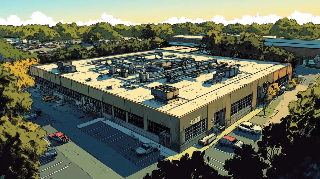 A commercial roof on a factory in a location similar to Orlando with a comic book style aesthetic (AI image)