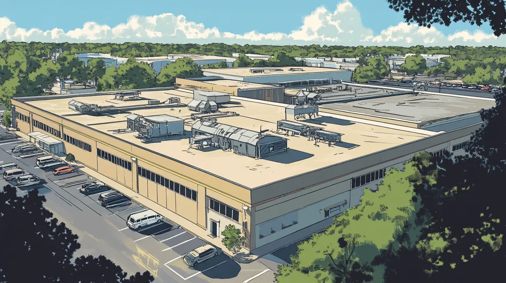 A commercial roof on a factory in a location similar to Orlando with a comic book style aesthetic (AI image)
