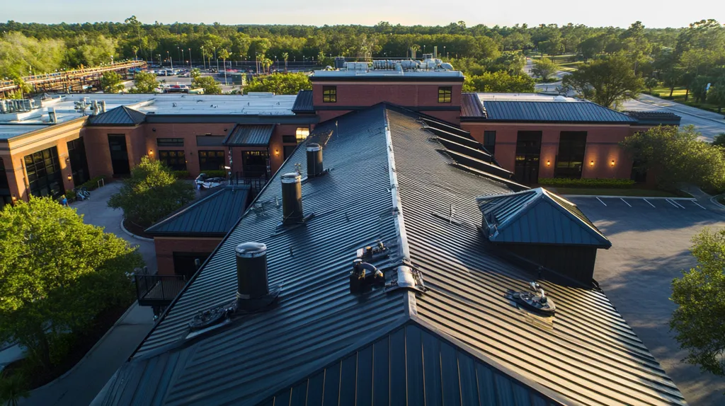 A commercial roof on a factory in a location similar to Orlando with an illuminated nightscape aesthetic (AI image)