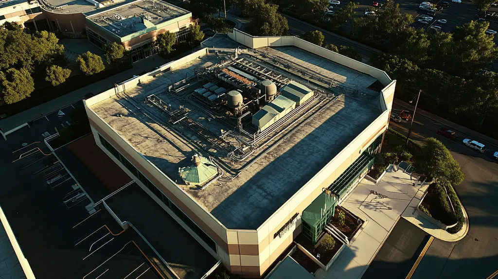 A commercial roof on a factory in a location similar to Orlando with an illuminated nightscape aesthetic (AI image)