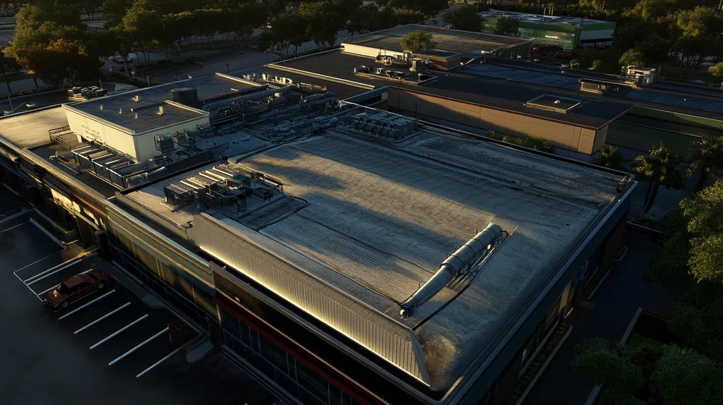 A commercial roof on a factory in a location similar to Orlando with an illuminated nightscape aesthetic (AI image)
