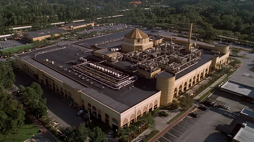 A commercial roof on a factory in a location similar to Orlando with an illuminated nightscape aesthetic (AI image)