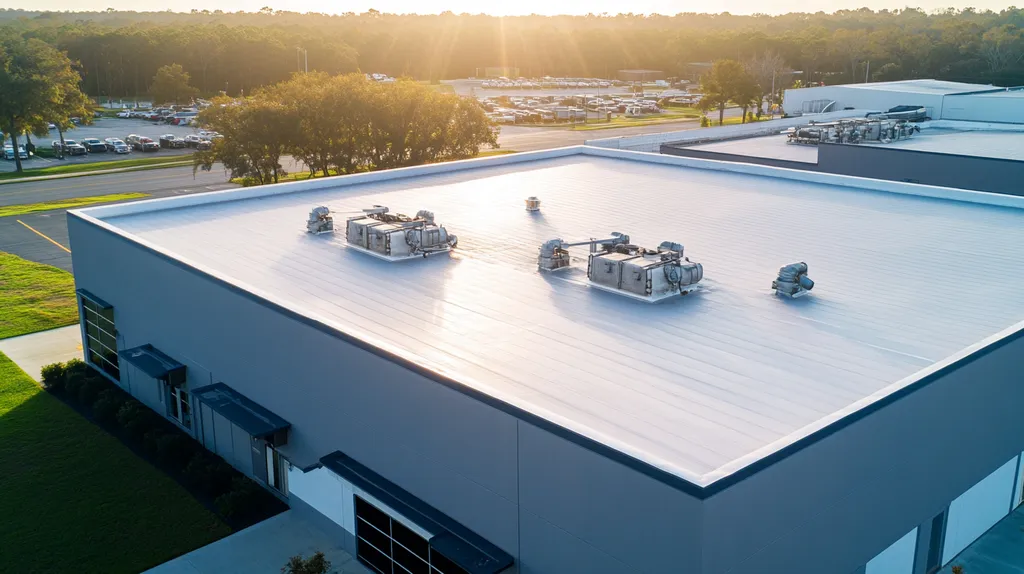A commercial roof on a factory in a location similar to Orlando with a light beams aesthetic (AI image)