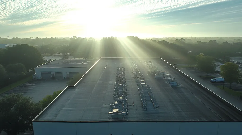 A commercial roof on a factory in a location similar to Orlando with a light beams aesthetic (AI image)