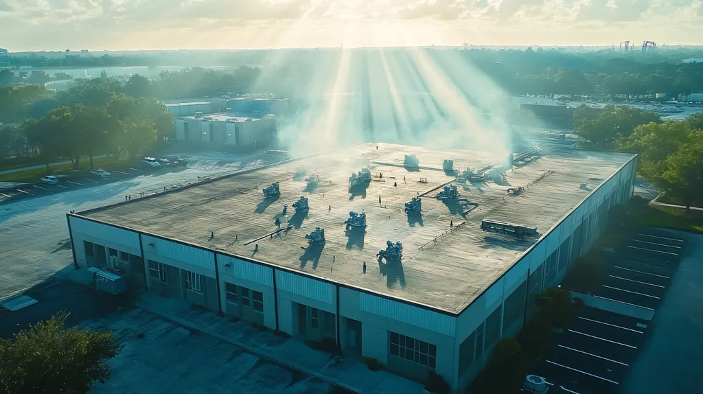 A commercial roof on a factory in a location similar to Orlando with a light beams aesthetic (AI image)