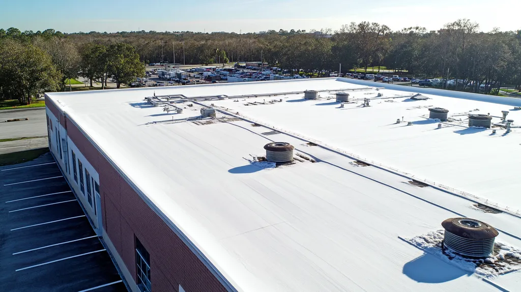 A commercial roof on a factory in a location similar to Orlando with a snowy day aesthetic (AI image)