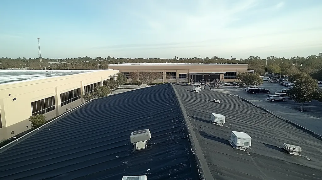 A commercial roof on a factory in a location similar to Orlando with a snowy day aesthetic (AI image)