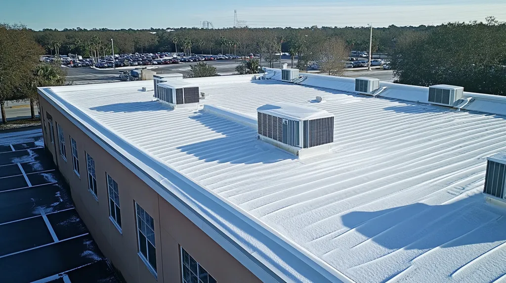 A commercial roof on a factory in a location similar to Orlando with a snowy day aesthetic (AI image)