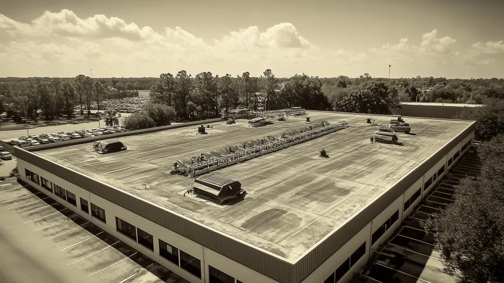 A commercial roof on a factory in a location similar to Orlando with a tintype aesthetic (AI image)