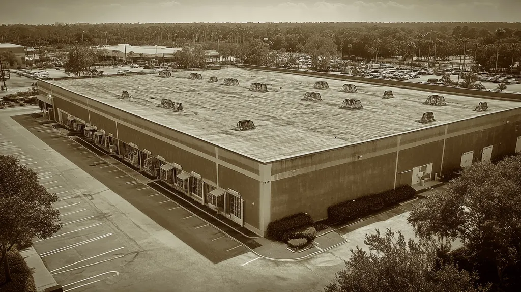 A commercial roof on a factory in a location similar to Orlando with a tintype aesthetic (AI image)