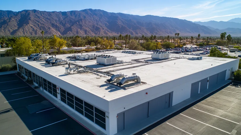 A commercial roof on a factory in a location similar to Palm Springs with a color highlight aesthetic (AI image)