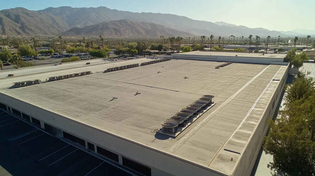 A commercial roof on a factory in a location similar to Palm Springs with a color highlight aesthetic (AI image)