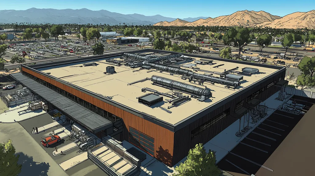 A commercial roof on a factory in a location similar to Palm Springs with a comic book style aesthetic (AI image)