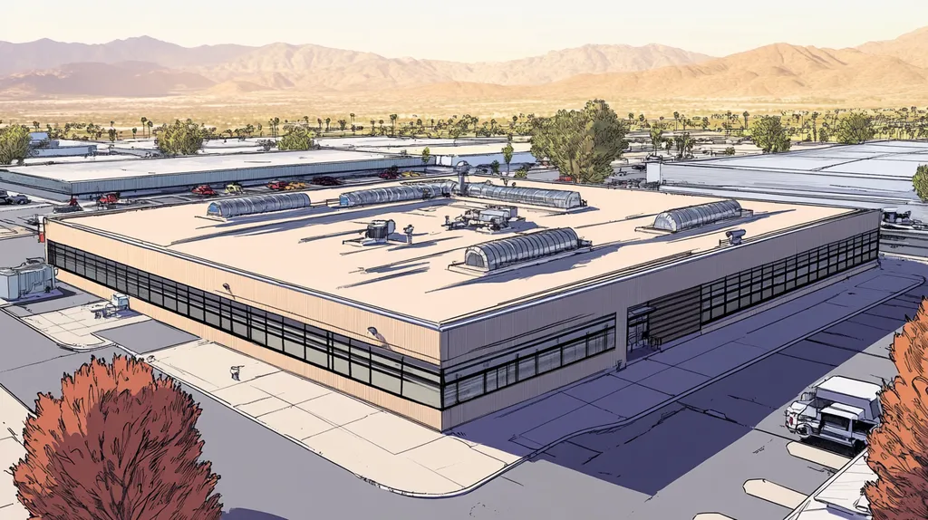 A commercial roof on a factory in a location similar to Palm Springs with a comic book style aesthetic (AI image)