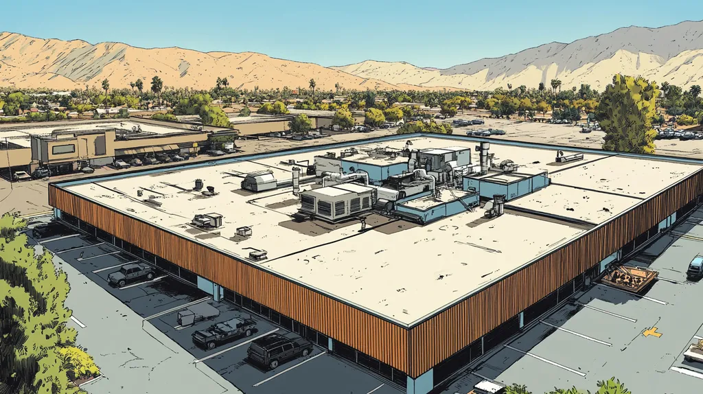 A commercial roof on a factory in a location similar to Palm Springs with a comic book style aesthetic (AI image)