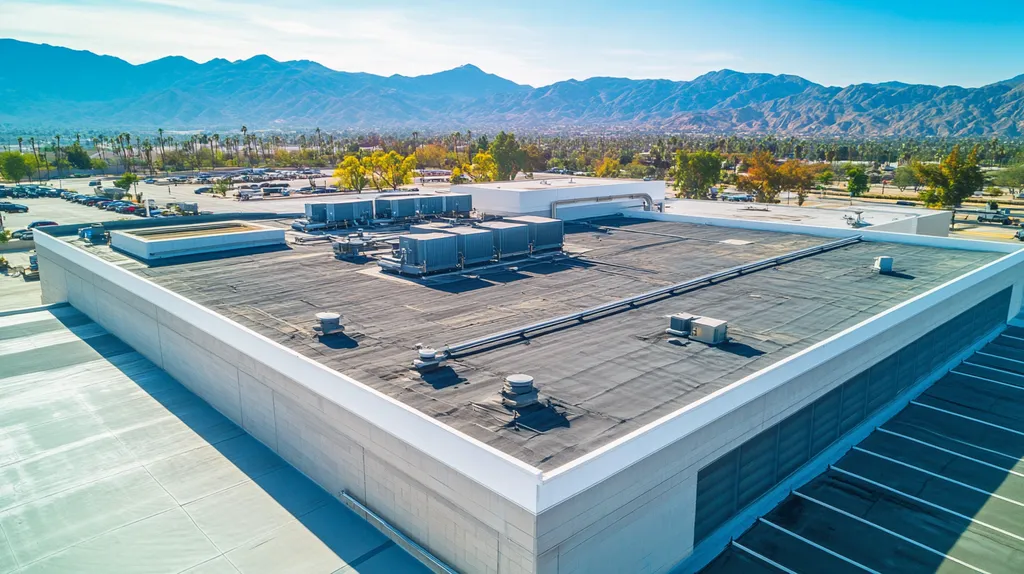 A commercial roof on a factory in a location similar to Palm Springs with a cross-processed look aesthetic (AI image)