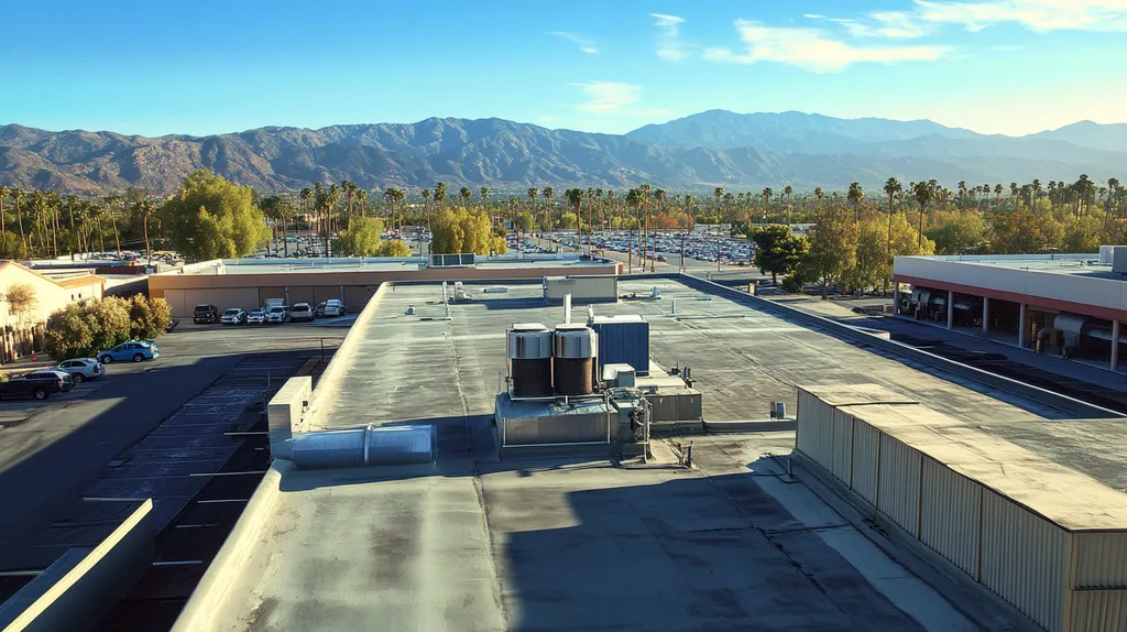 A commercial roof on a factory in a location similar to Palm Springs with a cross-processed look aesthetic (AI image)