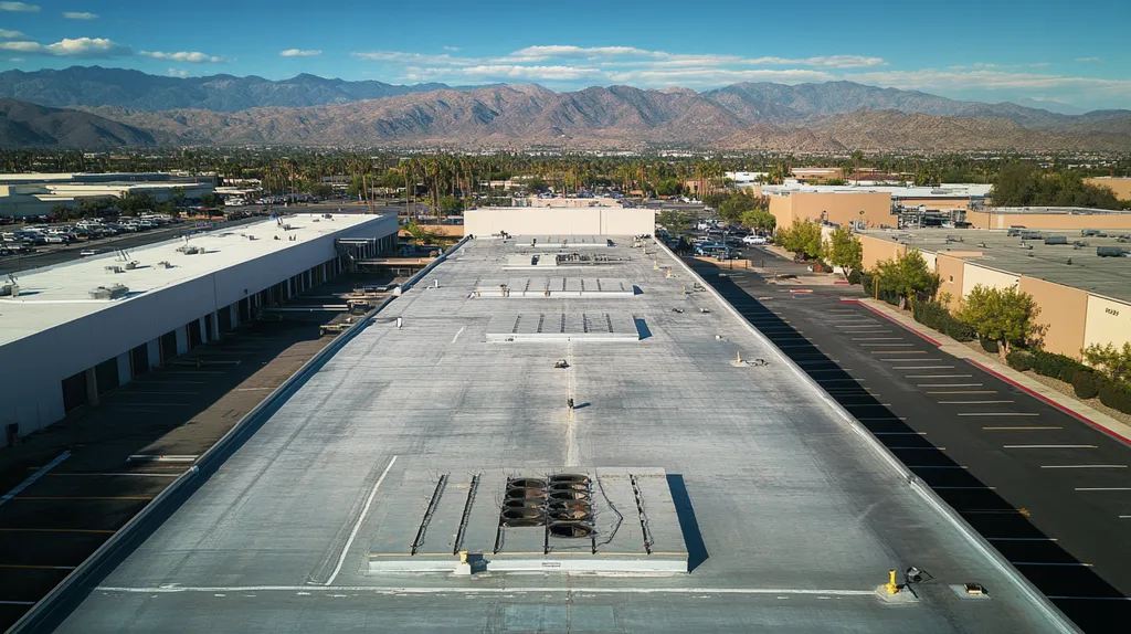 A commercial roof on a factory in a location similar to Palm Springs with a cross-processed look aesthetic (AI image)
