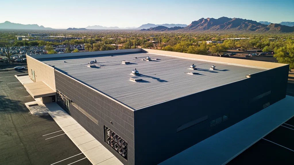 A commercial roof on a factory in a location similar to Phoenix with an architectural photography aesthetic (AI image)