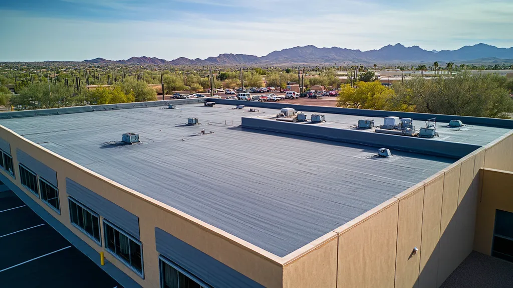 A commercial roof on a factory in a location similar to Phoenix with an architectural photography aesthetic (AI image)