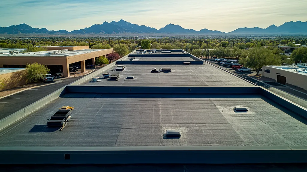 A commercial roof on a factory in a location similar to Phoenix with an architectural photography aesthetic (AI image)