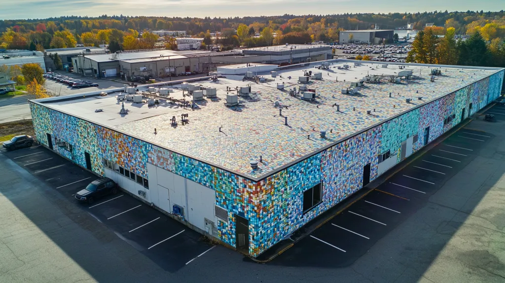 A commercial roof on a factory in a location similar to Portland, Maine with a mosaic tile art aesthetic (AI image)