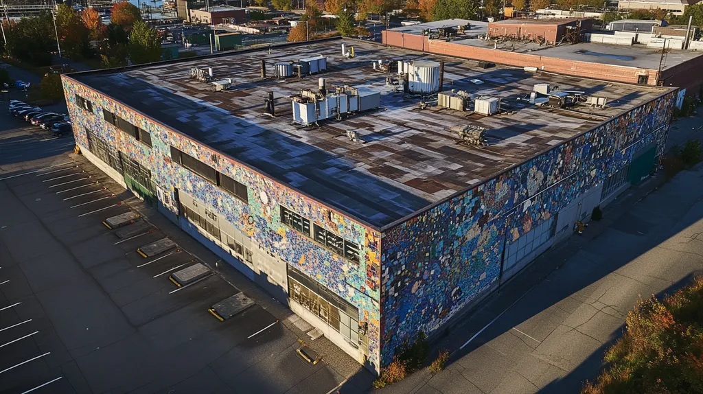 A commercial roof on a factory in a location similar to Portland, Maine with a mosaic tile art aesthetic (AI image)