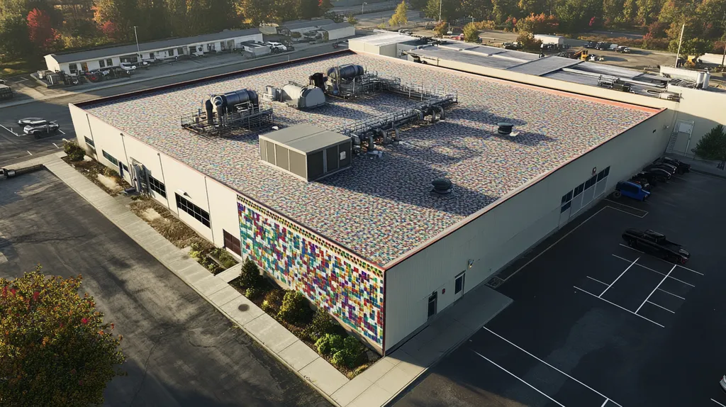 A commercial roof on a factory in a location similar to Portland, Maine with a mosaic tile art aesthetic (AI image)