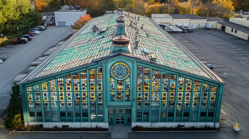 A commercial roof on a factory in a location similar to Portland, Maine with a stained glass style aesthetic (AI image)