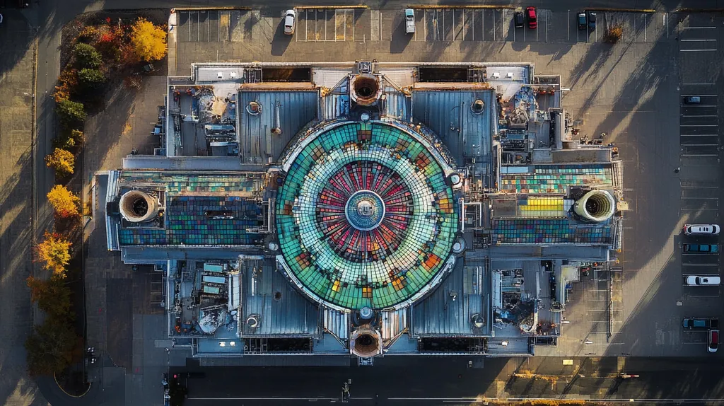 A commercial roof on a factory in a location similar to Portland, Maine with a stained glass style aesthetic (AI image)