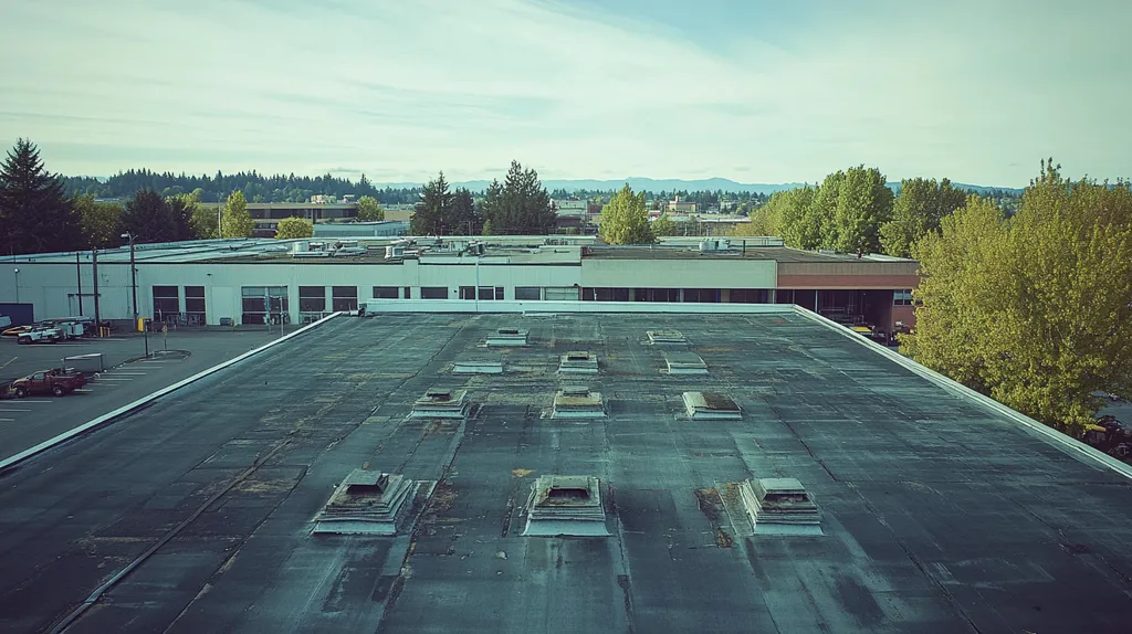 A commercial roof on a factory in a location similar to Portland with a Polaroid aesthetic (AI image)