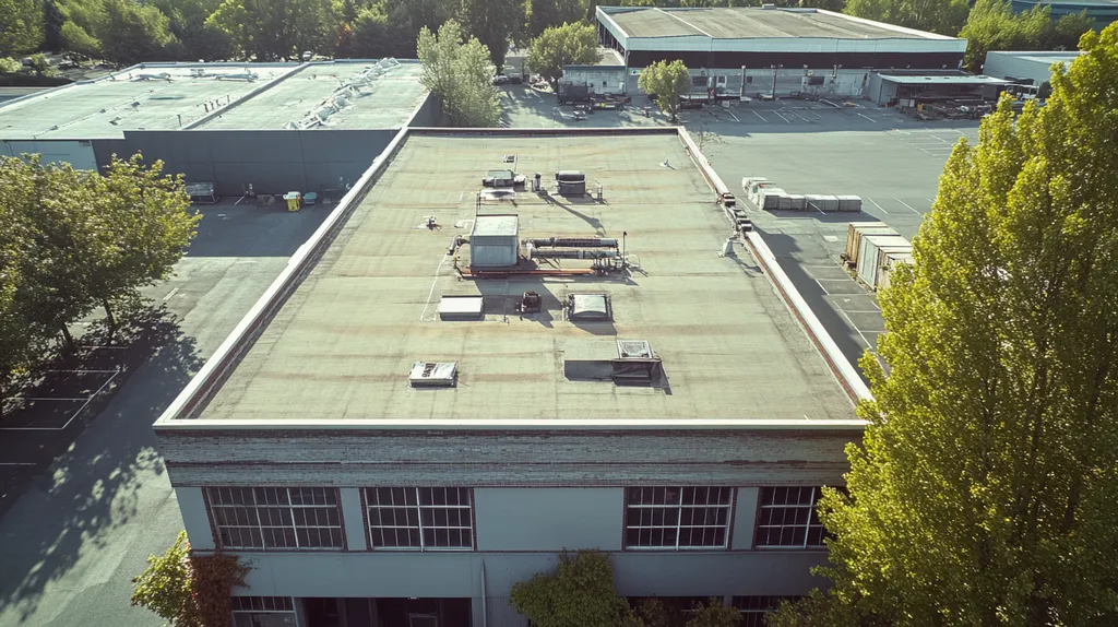 A commercial roof on a factory in a location similar to Portland with a Polaroid aesthetic (AI image)